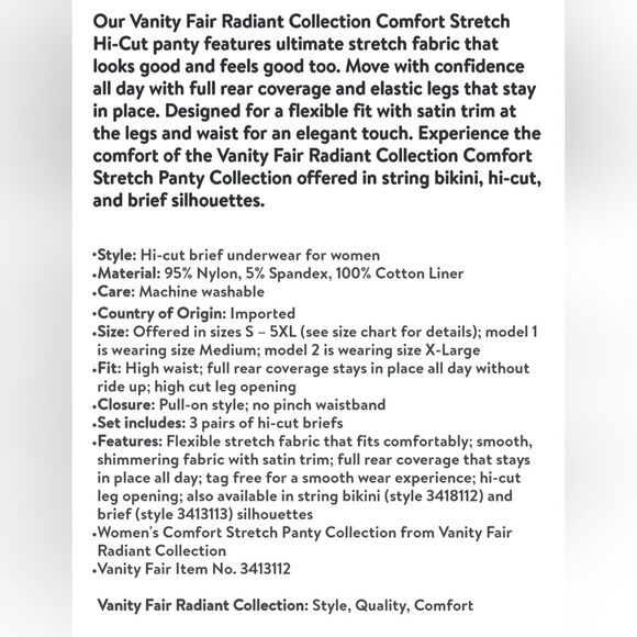 Vanity Fair Radiant Collection Women's Comfort Stretch Hi-Cut Underwear, 4XL/11 - Picture 9 of 9